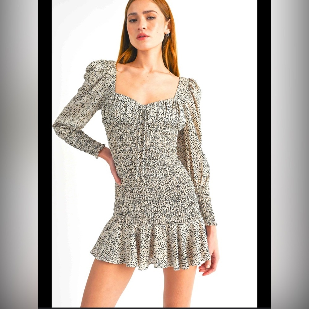 NWT Reset by Jane Marcia Leopard Print Smocked Mini Dress Size L